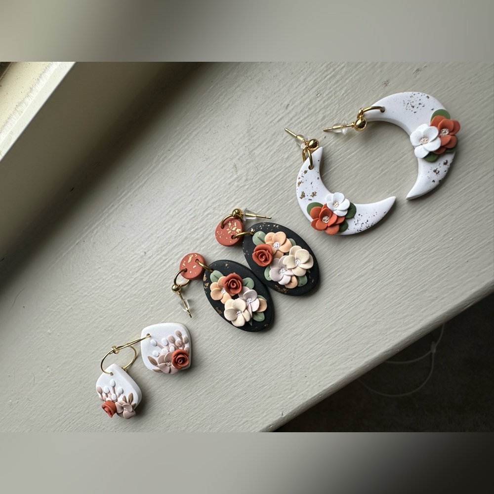 Fall Autumn Handmade Clay Floral Hoop and Drop Earrings Set